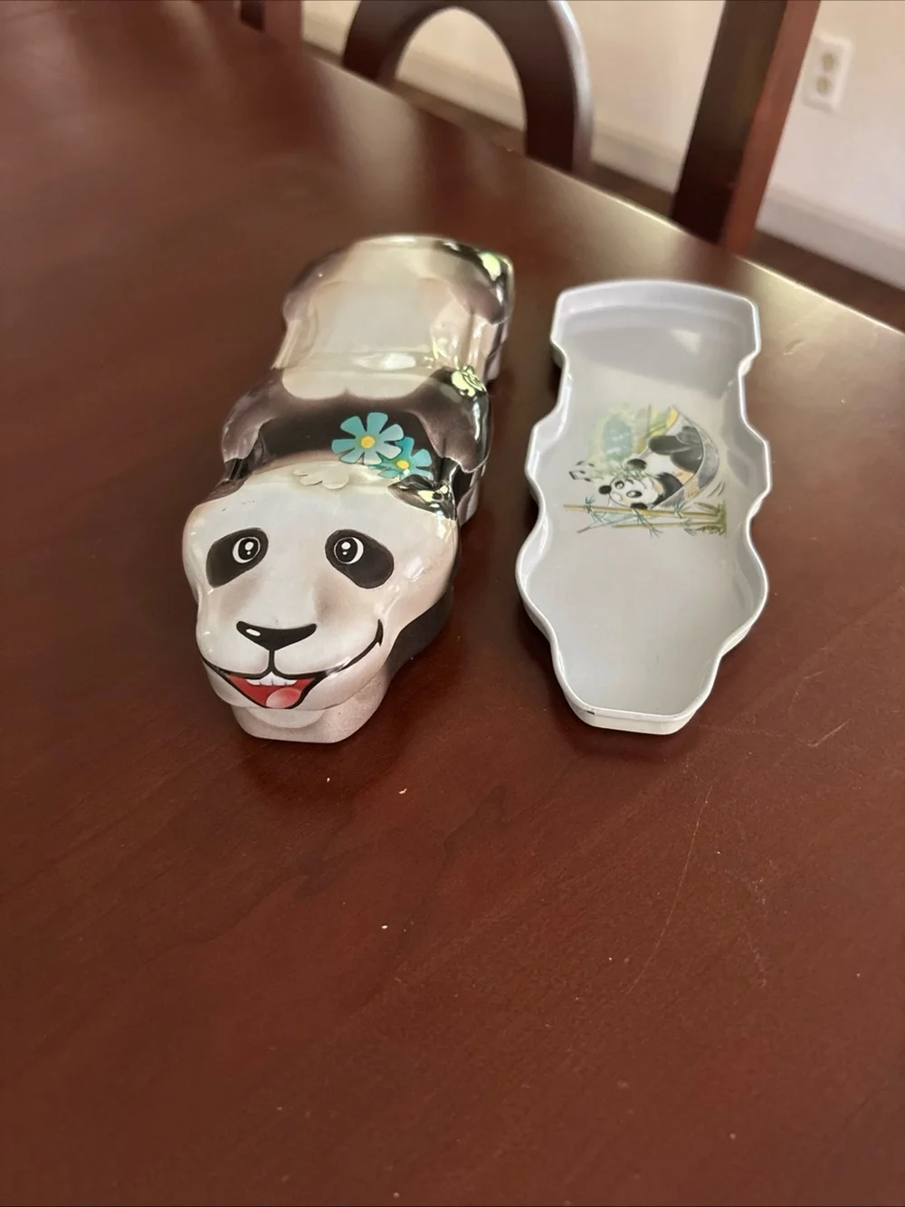 Vintage Panda Bear Hinged Trinket Box Blue Flower Figural Keepsake Jewelry Box